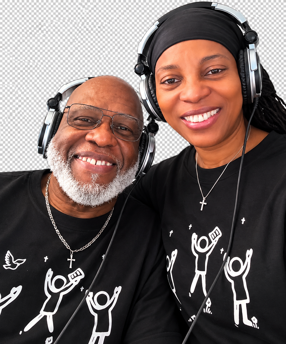 Pastor Loeti and Evangelist Shar together wearing headphones